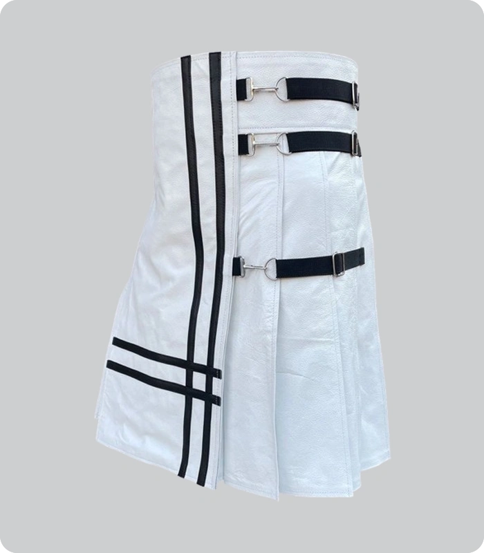 Hand Made White And Black Leather Kilt Left Side